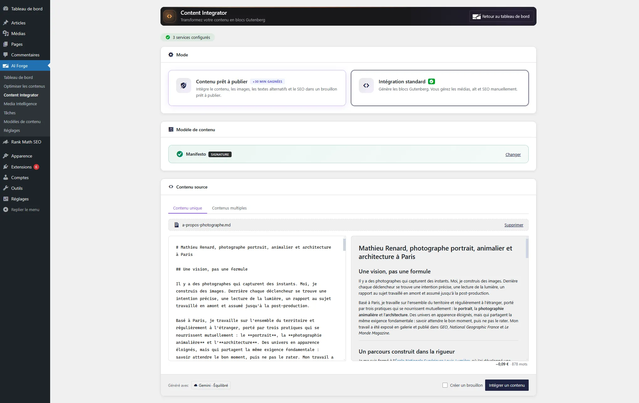 Content Integrator: choose between publish-ready mode (media, alt text and SEO included) and standard integration (Gutenberg blocks only). Import your content, pick a model, run it.