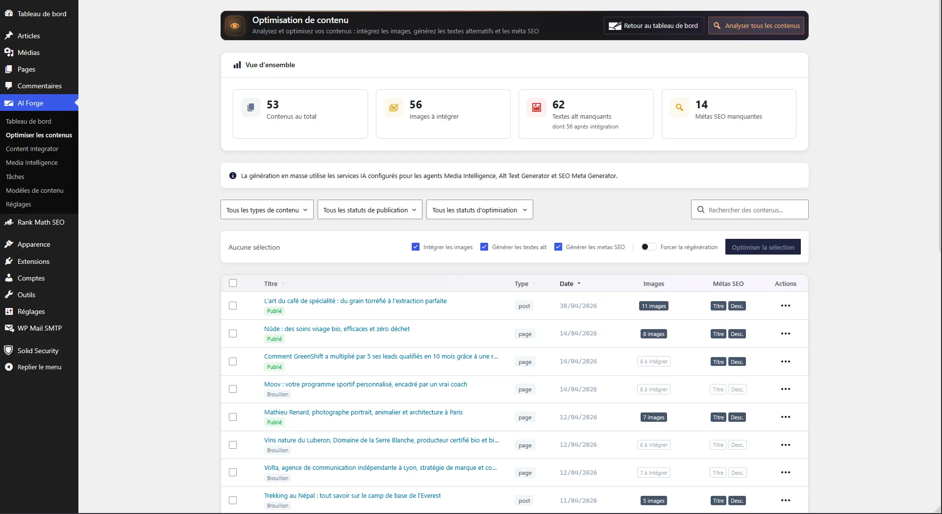 The content optimization screen in wp-admin: the list of pages missing an alt text or SEO metadata.