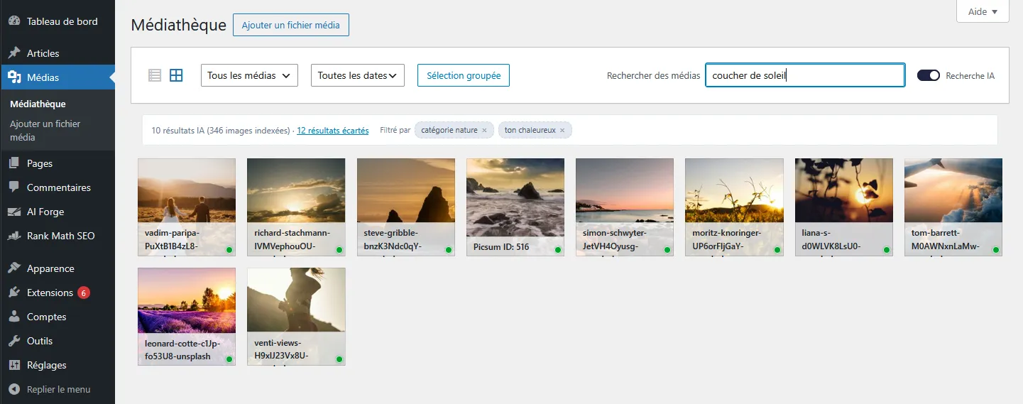 The wp-admin media library with AI search on: the query “coucher de soleil” returns 10 images out of 346 indexed, narrowed to “nature category” and “warm tone”, with 12 further results set aside by those filters, while not one filename mentions a sunset.